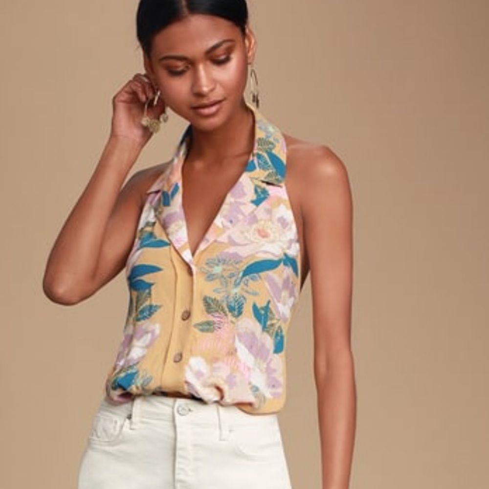 Offshore Yellow Floral Print Halter Bodysuit